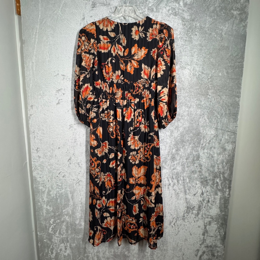 Maison Tara Dress Floral Print Midi Long Sleeve V Neck Black‎ Orange Size 6 - Picture 3 of 9